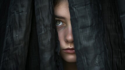 Wall Mural - An young girl looks out from behind a black curtain.