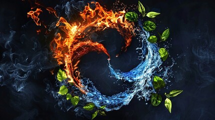 Wall Mural - The four elements of nature in a breathtaking creative design. All four elements forming a circular shape. Earth, wind, fire, air, water. Dramatic dark background emphasizing the elements in the cente