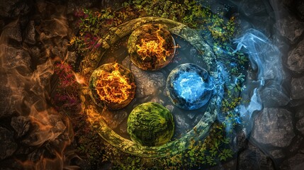 The four elements of nature in a breathtaking creative design. All four elements forming a circular shape. Earth, wind, fire, air, water. Dramatic dark background emphasizing the elements in the cente