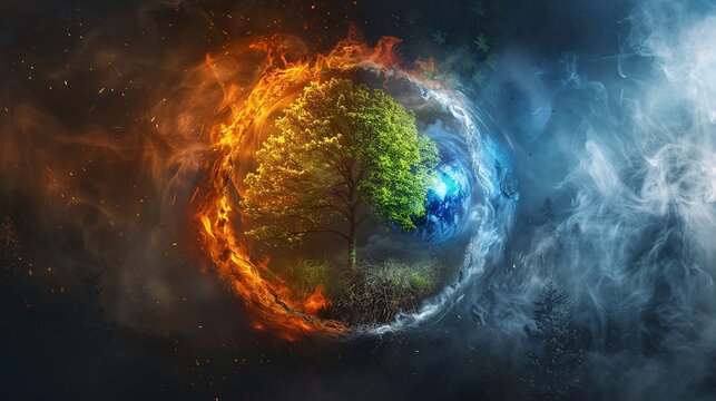 The four elements of nature in a breathtaking creative design. All four elements forming a circular shape. Earth, wind, fire, air, water. Dramatic dark background emphasizing the elements in the cente