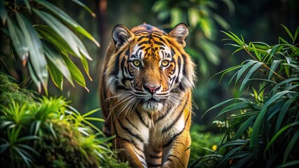 Canvas Print - Majestic tiger prowling through dense undergrowth, tiger, majestic, wild animal, predator, prowling, forest, jungle