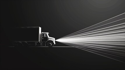 Wall Mural - White truck silhouette on a dark gray background with thin diagonal white lines moving away from it, creating a sense of speed and movement.