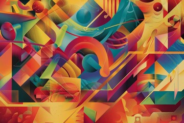 Poster - Colorful abstract painting showcasing a variety of shapes in a dynamic composition, a symphony of colors and shapes representing complex algorithms