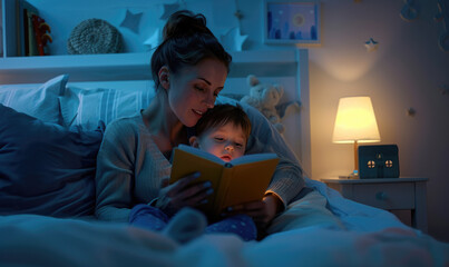Wall Mural - a mother reading to her toddler boy in his bed