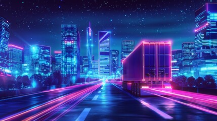 Wall Mural - A truck driving through a cityscape at night, with buildings outlined in neon light, offering a vibrant and urban background with space for text