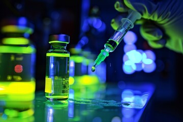 Poster - Person in lab coat holding a test tube with liquid, A syringe injecting a fluorescent liquid into a vial