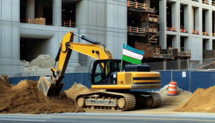 Wall Mural - Yellow excavator at a construction site, proudly displaying the Uzbekistan flag, represents hard work and national pride