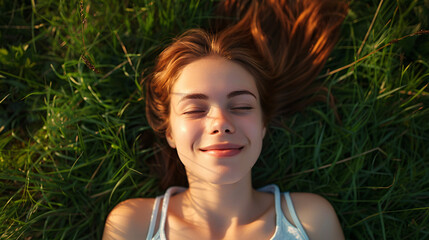 A young woman in her early twenties with a blissful expression on her face, lying on a grassy field and looking up at the sky, feeling at peace