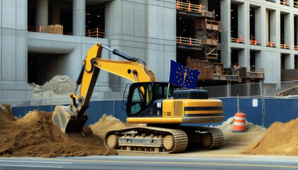 Wall Mural - Yellow excavator at a construction site, proudly displaying the Indiana flag, represents hard work and national pride