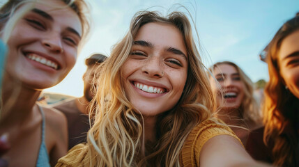 A young woman in her early twenties smiling brightly as she takes a selfie with her friends at a lively outdoor event, capturing a moment of pure bliss