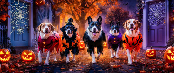 Poster - Five dogs in Halloween costumes walk down a suburban street at night, lit by glowing jack-o-lanterns