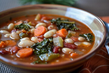Wall Mural - A bowl filled with savory soup featuring beans, carrots, and spinach, providing a wholesome and delicious meal option, A tantalizing bowl of rich and hearty minestrone soup