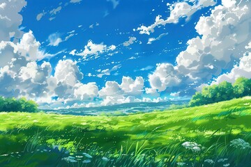 Wall Mural - grass field landscape with blue sky and white cloud. blue sky clouds sunny day wallpaper. cartoon il