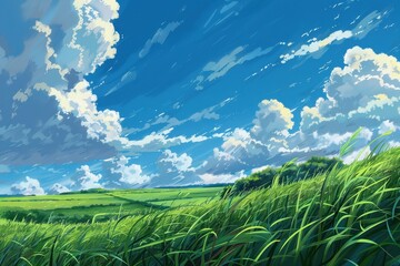 Wall Mural - grass field landscape with blue sky and white cloud. blue sky clouds sunny day wallpaper. cartoon il