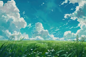 Wall Mural - Grass Field landscape with blue sky and white cloud. Blue sky clouds sunny day wallpaper. Cartoon illustration of a Grass Field with blue sky in Summer. green field in a day.