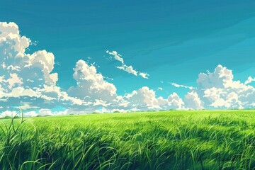 Wall Mural - Grass Field landscape with blue sky and white cloud. Blue sky clouds sunny day wallpaper. Cartoon illustration of a Grass Field with blue sky in Summer. green field in a day.