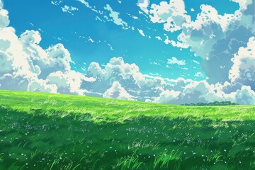 Wall Mural - grass field landscape with blue sky and white cloud. blue sky clouds sunny day wallpaper. cartoon il