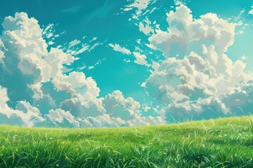 Wall Mural - grass field landscape with blue sky and white cloud. blue sky clouds sunny day wallpaper. cartoon il