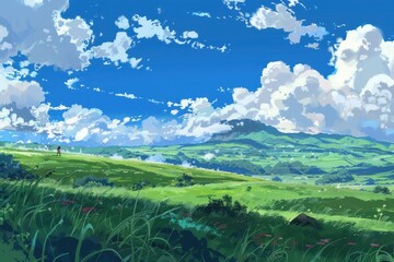 Wall Mural - grass field landscape with blue sky and white cloud. blue sky clouds sunny day wallpaper. cartoon il