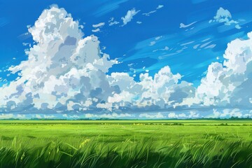 Wall Mural - grass field landscape with blue sky and white cloud. blue sky clouds sunny day wallpaper. cartoon il