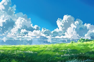 Wall Mural - Grass Field landscape with blue sky and white cloud. Blue sky clouds sunny day wallpaper. Cartoon illustration of a Grass Field with blue sky in Summer. green field in a day.