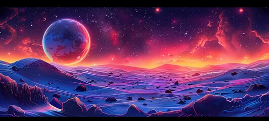 Wall Mural - Space planet landscape, wide angle lens realistic lighting 