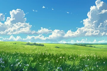 Wall Mural - grass field landscape with blue sky and white cloud. blue sky clouds sunny day wallpaper. cartoon il