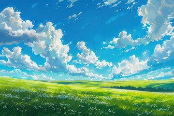 Wall Mural - grass field landscape with blue sky and white cloud. blue sky clouds sunny day wallpaper. cartoon il