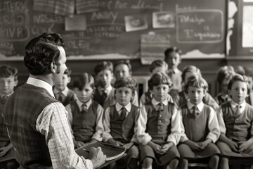 Poster - A black and white scene showing a teacher instructing a group of children in a classroom setting, A teacher imparting wisdom to a group of attentive students