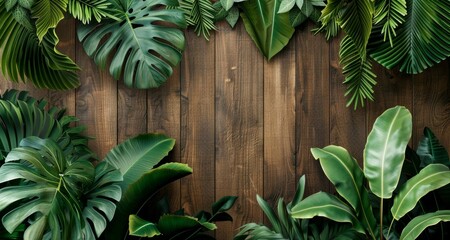 Wall Mural - Collection of tropical leaves foliage plant against a background of wood paneling  with space