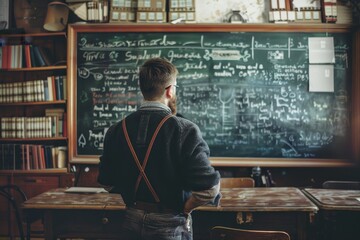 Poster - A man stands in front of a blackboard with writing on it, teaching a lesson, A teacher in front of a chalkboard, teaching a lesson