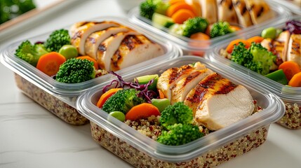 Closeup healthy meal prep containers with grilled chicken broccoli and quinoa on a white table