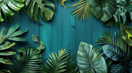 Collection of tropical leaves foliage plant against a background of wood paneling  with space