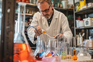 Poster - A man in a lab coat performing a science experiment by carefully pouring liquid into a glass beaker, A teacher leading a science experiment with bubbling beakers and test tubes