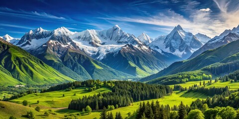 Poster - Beautiful mountain landscape with snow-capped peaks, lush green valleys, and clear blue skies, mountains, snow, peaks, valley