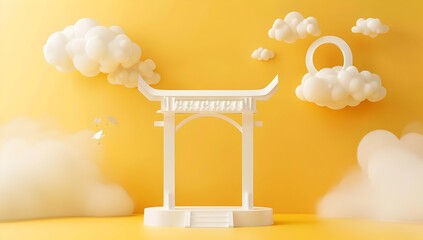 Wall Mural - Minimalist yellow background with cloud-shaped arches and small white clouds floating in the air