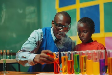 Poster - A man and a young boy engaging in a science experiment with a table full of test tubes, A teacher leading a science experiment with test tubes and beakers