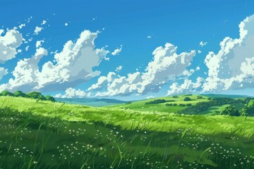 Wall Mural - beautiful, idyllic meadow with green grass, blue sky, and fluffy white clouds. lush summer landscape