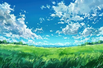 Wall Mural - beautiful landscape illustration of a green meadow under a bright blue sky with puffy clouds