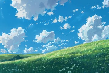 Wall Mural - beautiful nature background with green grass field and fluffy white clouds in blue sky. idyllic land