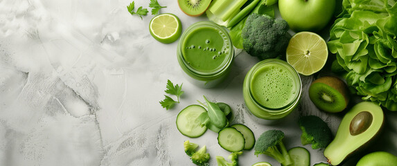 A collection of vibrant and healthy green smoothies made from fresh fruits and vegetables such as apples, kiwis, spinach, and cucumbers. The visually appealing images highlight the natural, refreshing