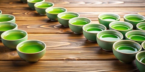 Canvas Print - Green tea cups arranged neatly on wooden table , green tea, cups, table, wooden, arrangement, peaceful, serene