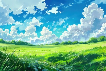 Wall Mural - Beautiful summer landscape with green grass field and cloudy blue sky. Concept of nature, peace, serenity, and tranquility.