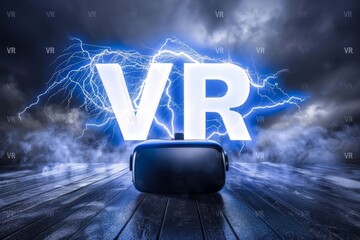 Wall Mural - VR headset floating in a stormy virtual space with lightning and digital effects, concept of advanced virtual reality technology.