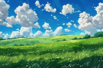 Wall Mural - Vibrant Green Meadow with White Flowers under a Blue Sky with Puffy White Clouds