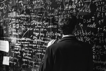 Poster - a man standing in front of a chalkboard covered in equations and writing, teaching a lesson, a teach