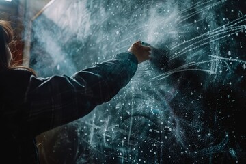 Poster - A woman stands in the dark room writing on a blackboard with chalk dust in the air, A teacher writing on a chalkboard with chalk dust in the air