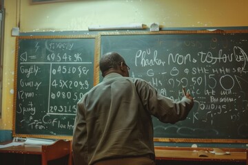 Poster - A man, likely a teacher, is writing on a blackboard in a classroom setting, A teacher writing their name on the chalkboard