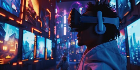 Gamer using VR goggle connecting in visual world program. Person standing while enter in futuristic world for playing game while using visual reality glasses. Technology innovation concept. AIG42.