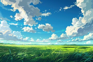 Wall Mural - beautiful anime landscape with fluffy clouds, blue sky and green grass. anime scenery of nature with